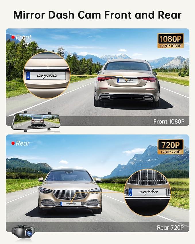 Arpha E21 2CH Mirror Dash Cam 1080P 10'' Touch Screen with 24H Parking Mode - AZDOME Official Stores