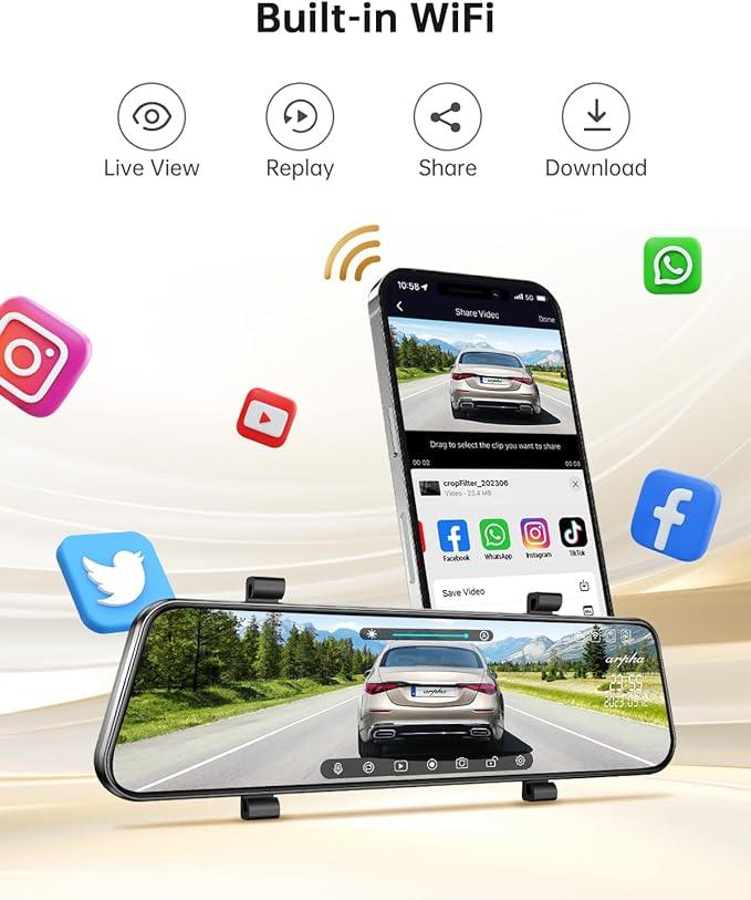 Arpha E21 2CH Mirror Dash Cam 1080P 10'' Touch Screen with 24H Parking Mode - AZDOME Official Stores