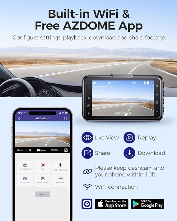 AZDOME M17 1CH Dash Cam 1080P with ADAS 3" Screen 24H Parking Mode - AZDOME Official Stores