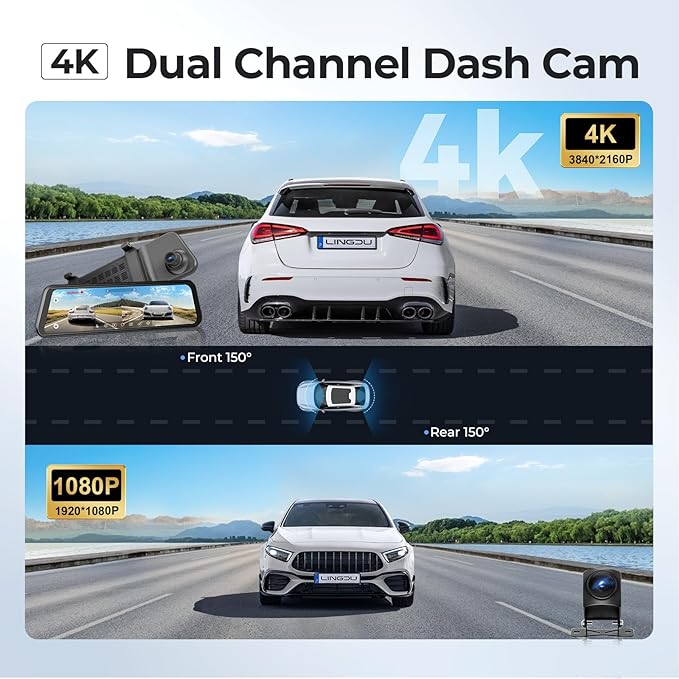 LINGDU LD4K 2CH Mirror Dash Cam 4K with 11.8" Touch Screen Voice Control 24H Parking Mode - AZDOME Official Stores