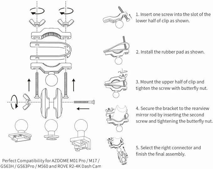 Dash Cam Mirror Mount Holder Kit, Dash Cam Mount for Rove R2-4K Dashcam, AZDOME M01 Pro, M17, M16, GS63H Dash Cam - AZDOME Official Stores