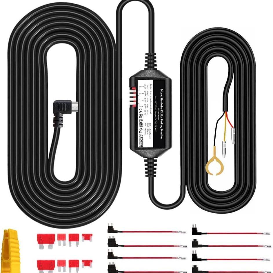 AZDOME JYX04 3-Lead Acc Hardwire Kit Micro-USB Port for Dash Cam, 12ft with Fuse Kit - AZDOME Official Stores