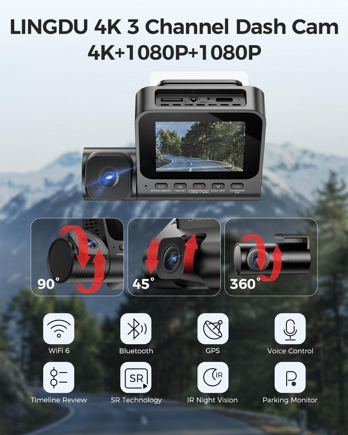 LINGDU Dash Cam V630 Car Camera 4K+1080P+1080P 3 Channel Car DVR WiFi GPS IR Night Vision 24H Parking Monitor Loop Recording HDR