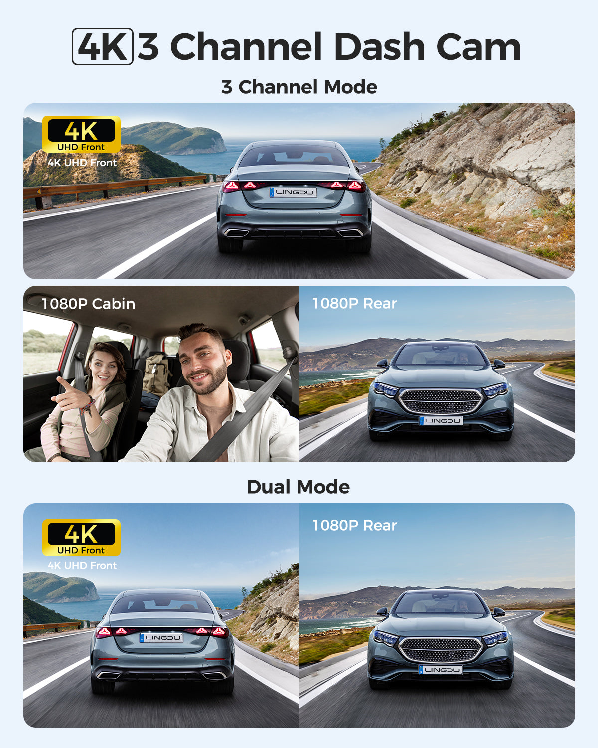 LINGDU Dash Cam V630 Car Camera 4K+1080P+1080P 3 Channel Car DVR WiFi GPS IR Night Vision 24H Parking Monitor Loop Recording HDR