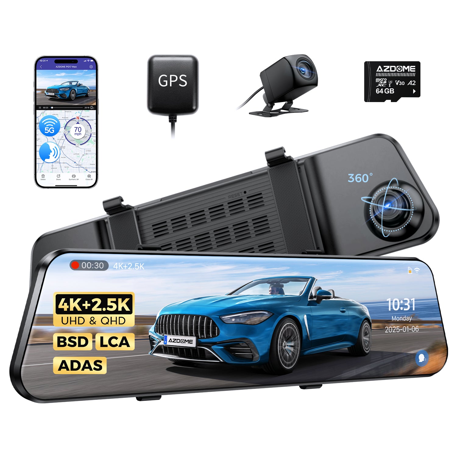 AZDOME Mirror Dash Cam PG17 Max 4K+2.5K with ADAS, BSD and LCA, 12" Rear View Mirror Camera