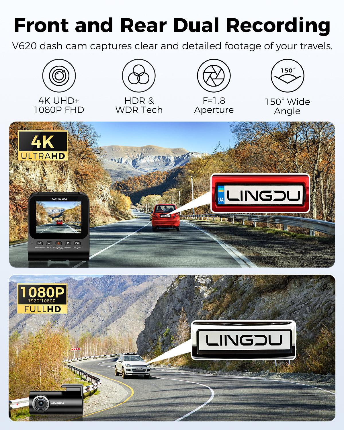 LINGDU V620 Front and Rear Dual Cameras for Cars, 2 Channel Dash Cam 4K Ultra HD Built-in WiFi 6& GPS, APP Control, Smart Voice Control ADAS WDR Night Vision - AZDOME Official Stores