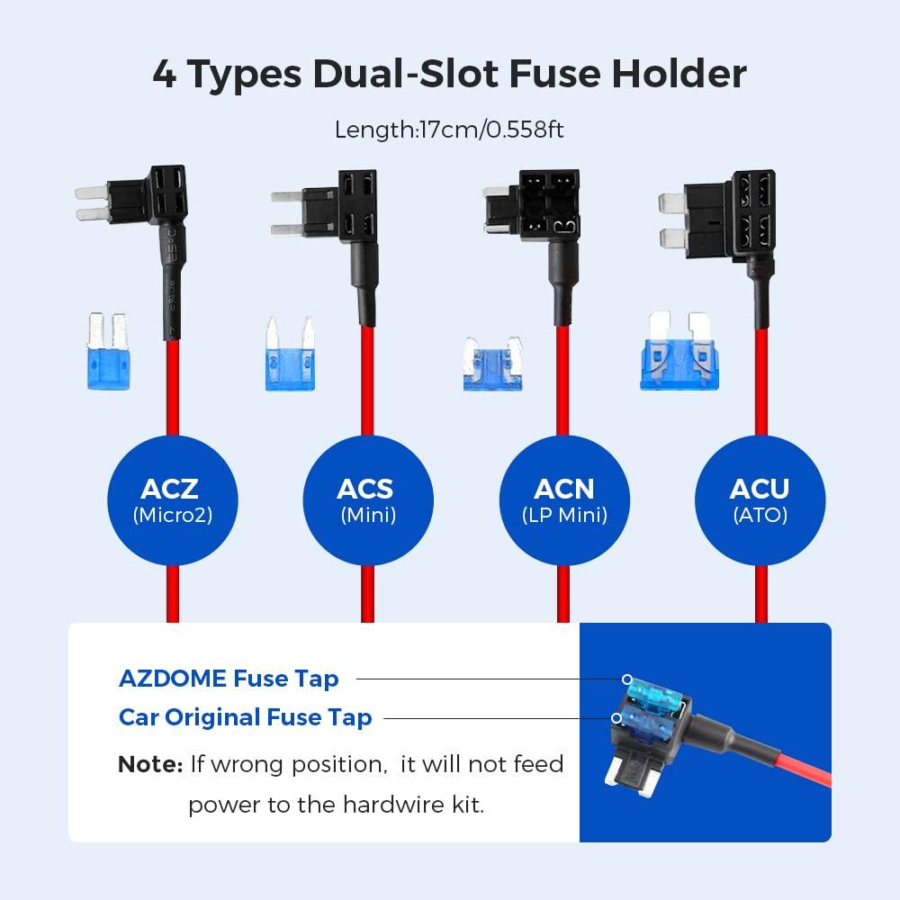 AZDOME JYX04 3-Lead Acc Hardwire Kit Micro-USB Port for Dash Cam, 12ft with Fuse Kit - AZDOME Official Stores