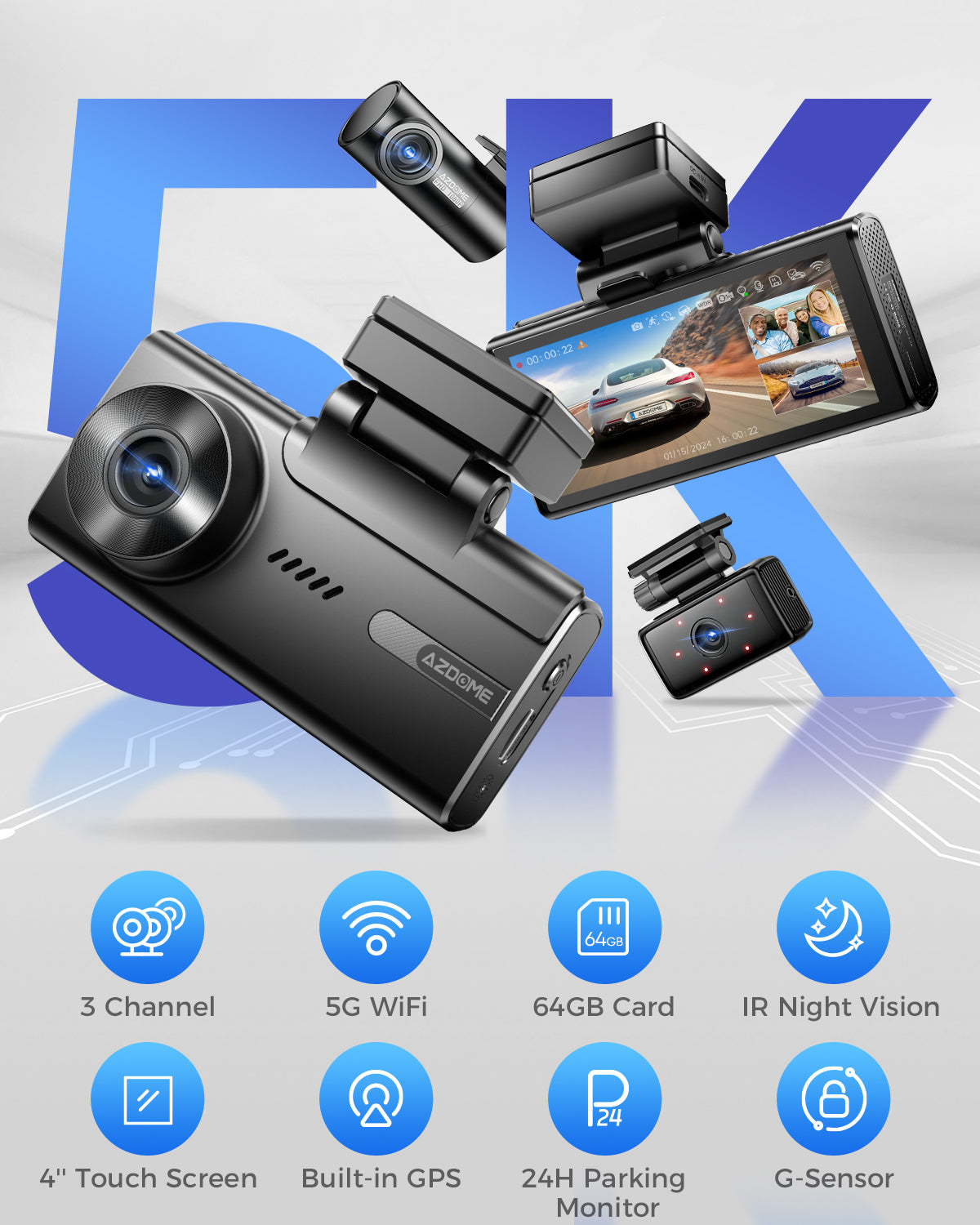 AZDOME M580 3CH Dash Cam 5K with 4" Touch Screen IR Night Vision 24H Parking Mode - AZDOME Official Stores