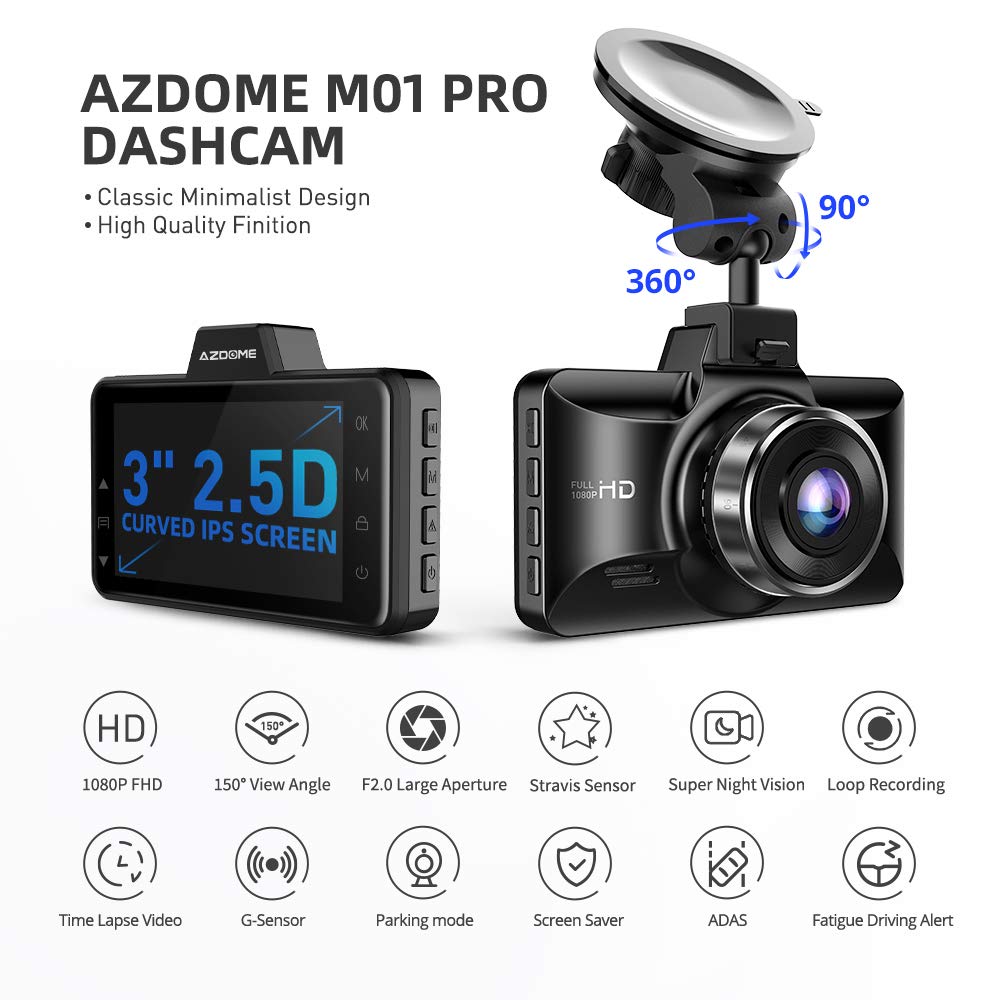 AZDOME M01 Pro 2CH Dash Cam 1080P with ADAS 3" Screen 24H Parking Mode - AZDOME Official Stores