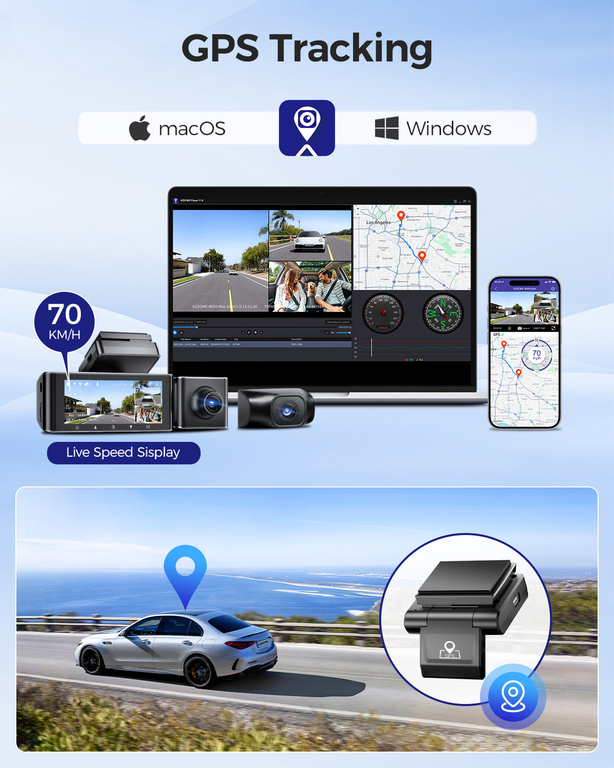 AZDOME M550 Max 3 Channel Dash Cam 4K WiFi , Resolution Supports up to 4k+1080P+2.5k, Built-in GPS 24H Parking Mode IR Night Vision WDR 3.19" IPS, Max to 256GB