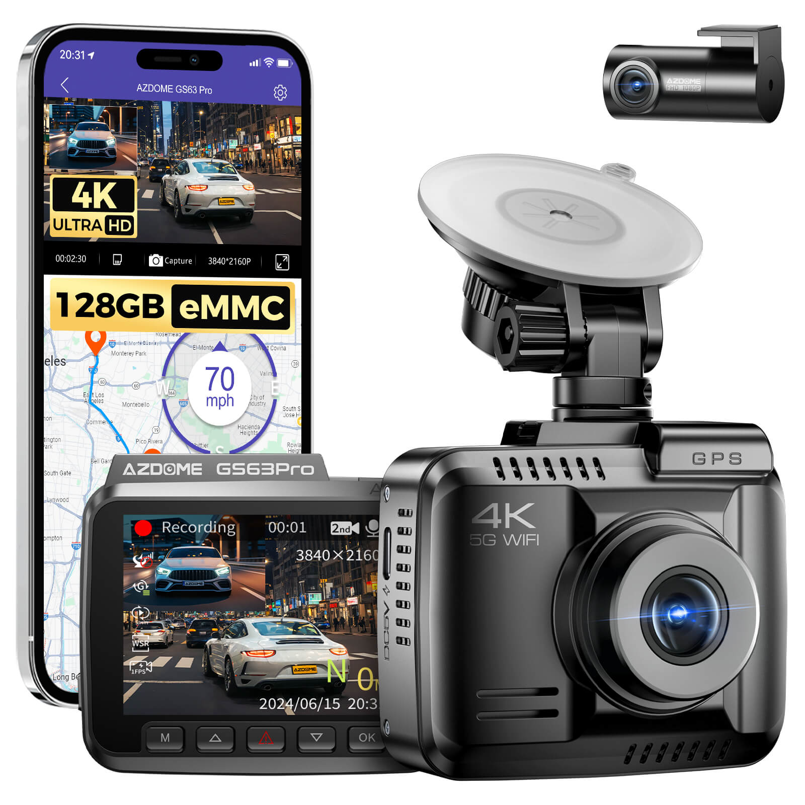 AZDOME GS63 Pro 2CH Dash Cam 4K with No-Light Full-Color Night Vision 128G eMMC