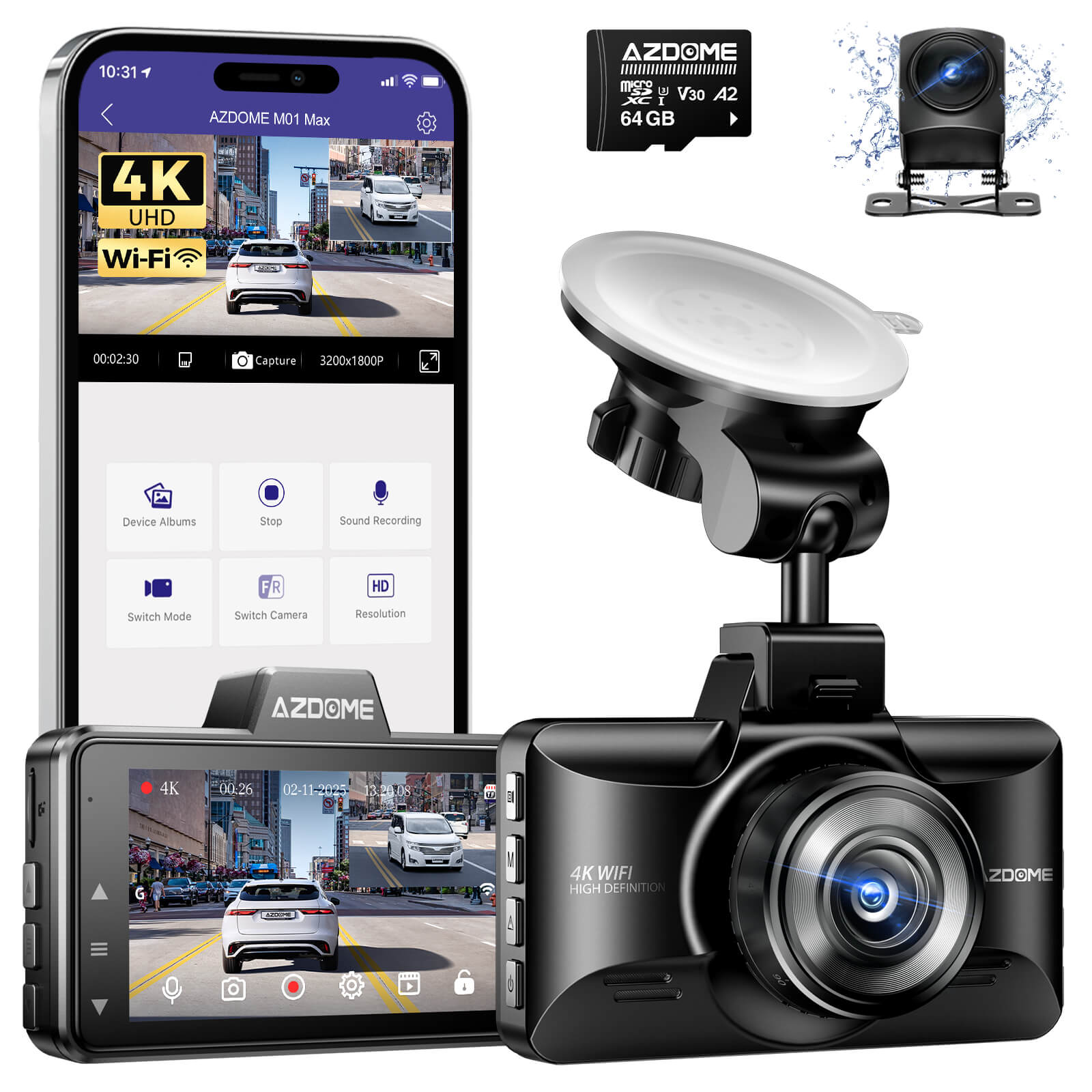 AZDOME M01 Max 4K Dash Cam with WiFi& Free 64G SD Card