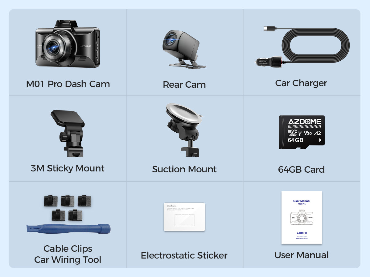 AZDOME M01 Pro WiFi Dash Cam Package List