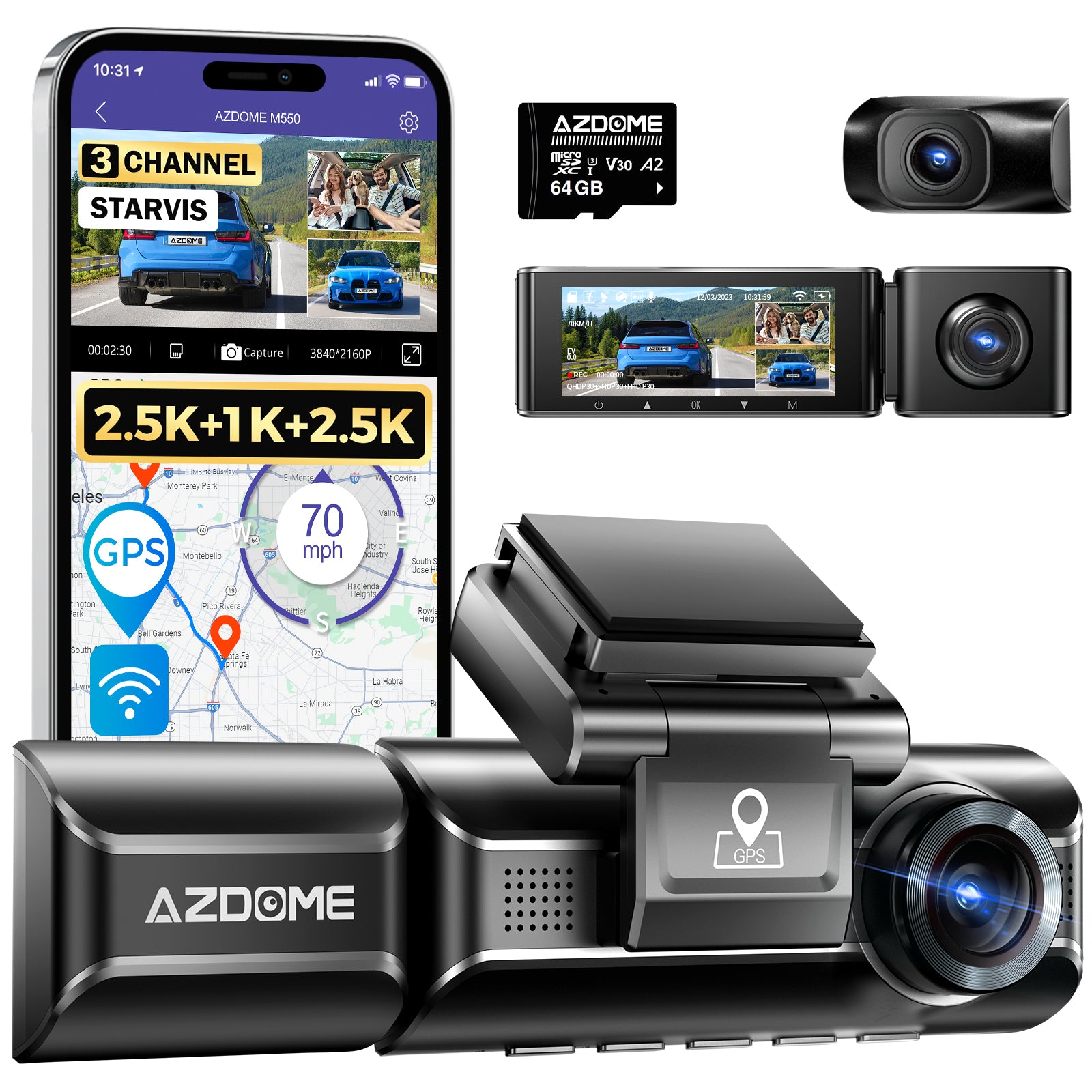 AZDOME M550 3CH Dash Cam with GPS&WiFi Free 64G SD Card