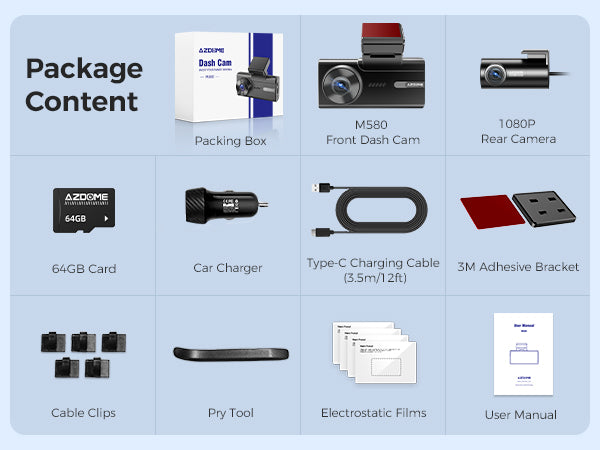 AZDOME M580 5K Touch Screen Dash Cam Package List