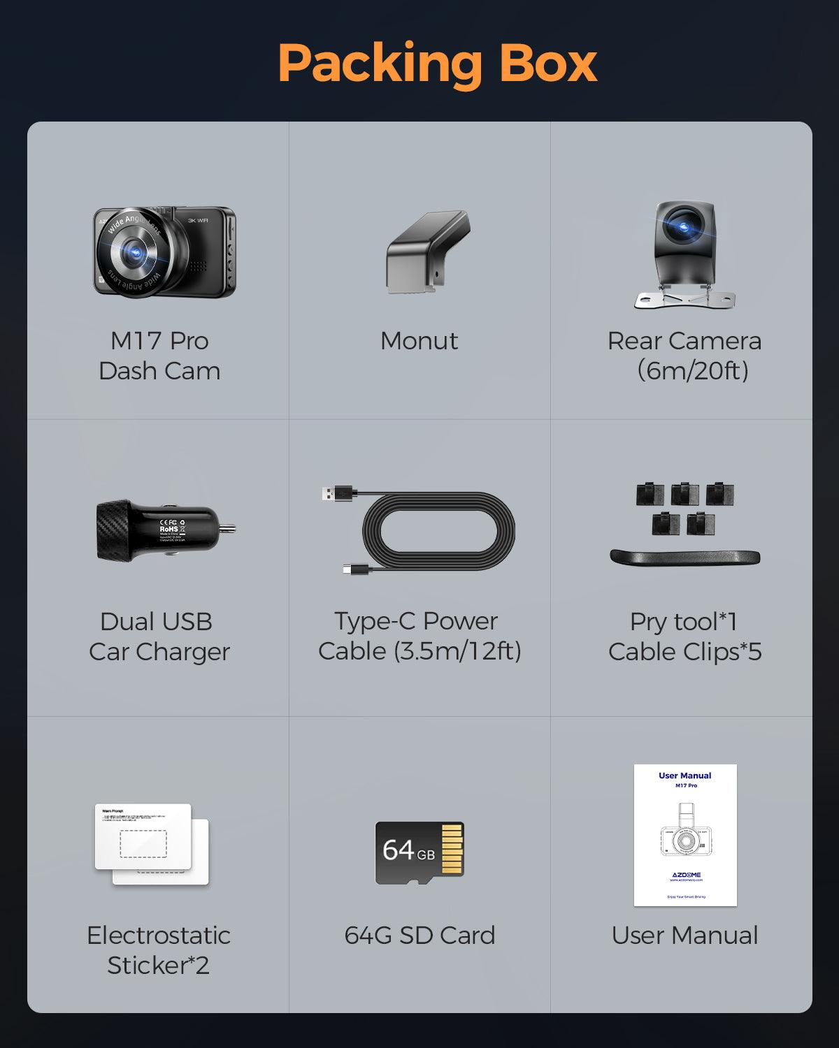 AZDOME M17 Pro Dash Cam - Voice-Activated, 3K Single Channel with 2K Front & 1K Rear Lenses, Super Night Vision, WiFi Enabled, App Control, Includes 64GB Card, Supports Up to 256G, Loop Recording & Emergency Lock - AZDOME Official Stores