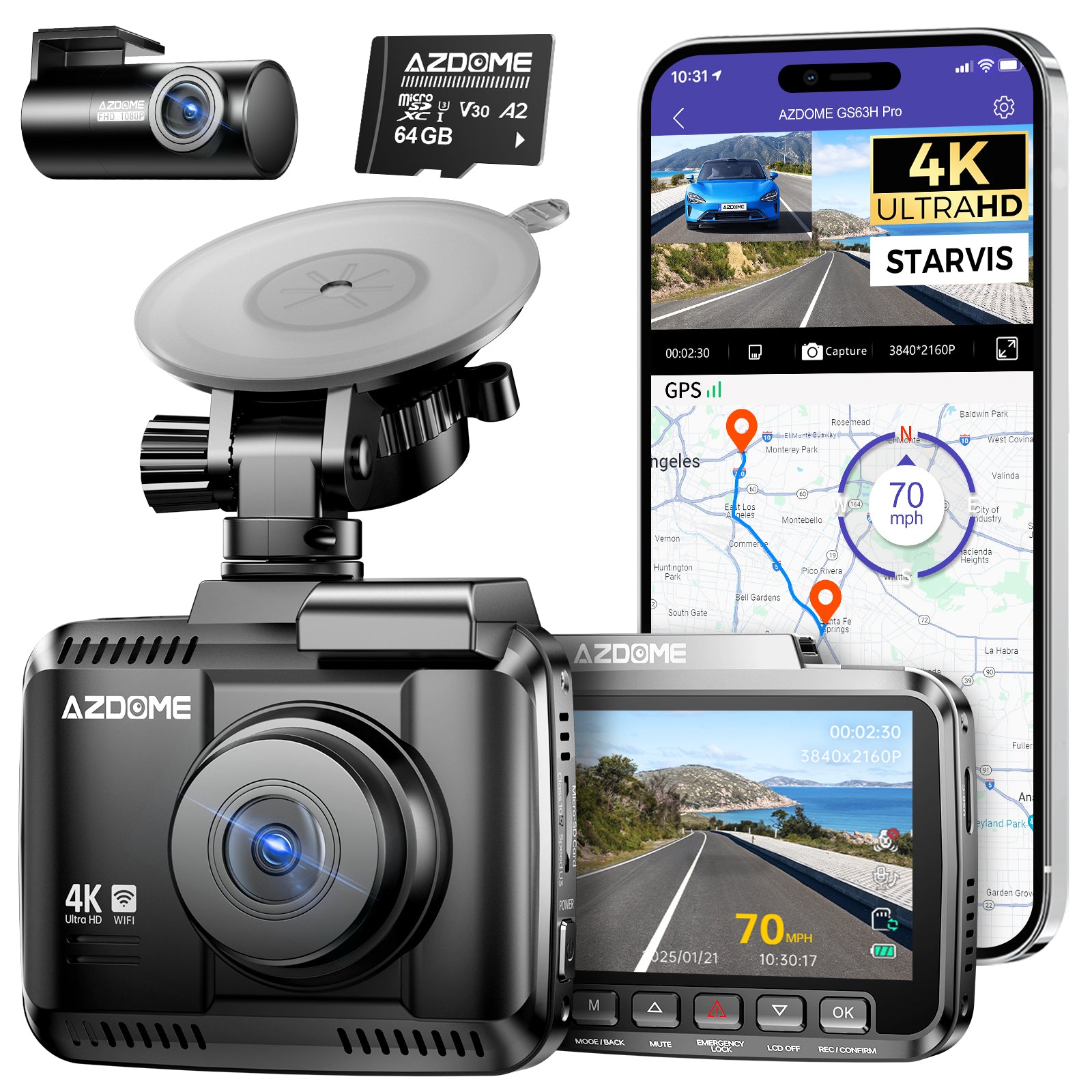 AZDOME GS63H Pro 2CH Dash Cam 4K with Super Night Vision & ADAS 24H Parking Mode