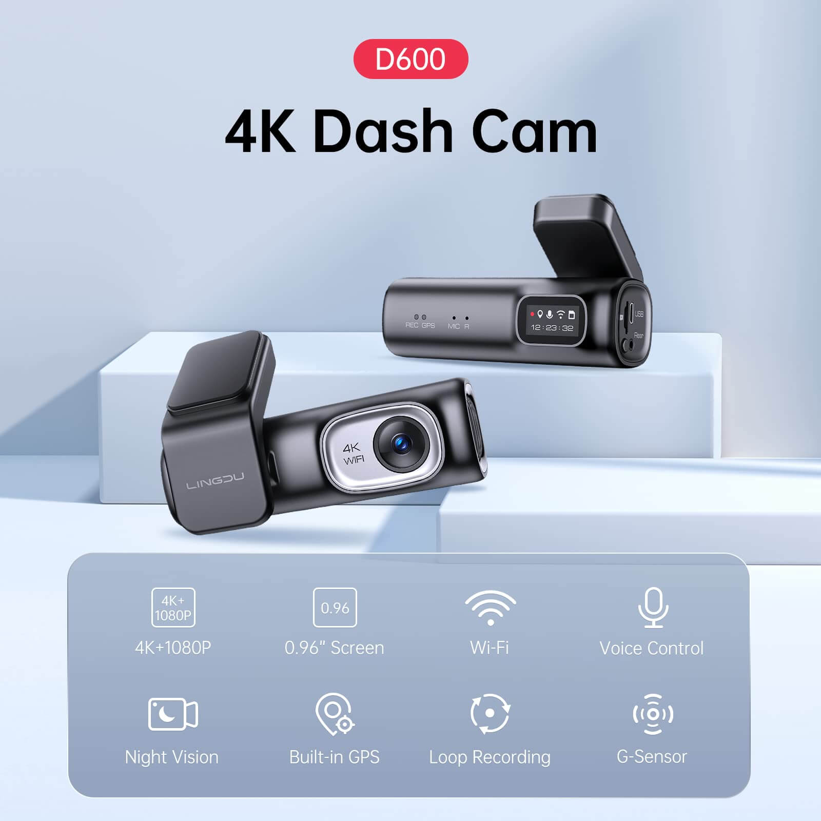LINGDU D600 2CH Dash Cam 4K with 0.96" Screen Voice Control 24H Parking Mode - AZDOME Official Stores