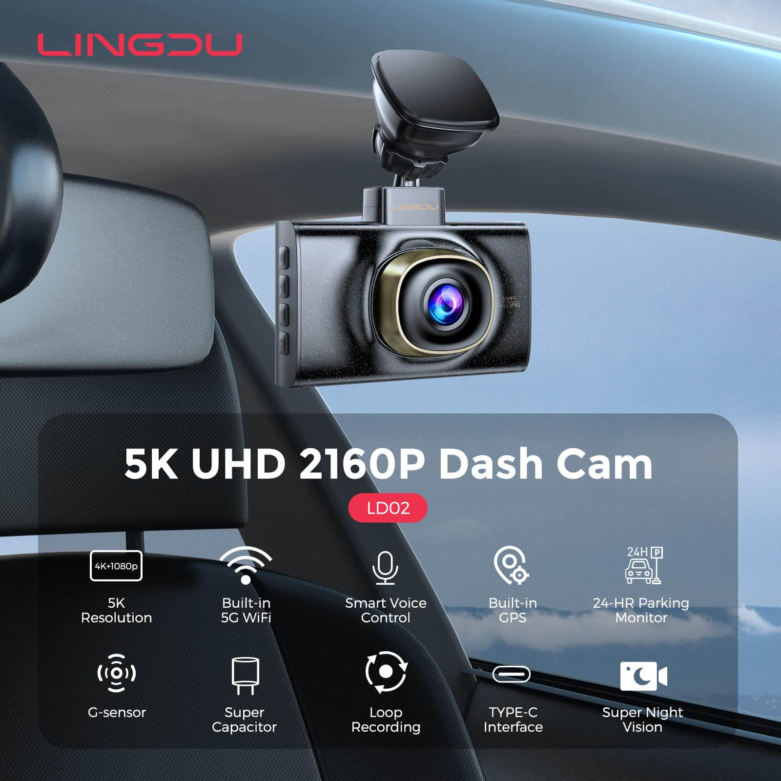 LINGDU LD02 1CH Dash Cam 5K with 3" Screen IR Night Vision 24H Parking Mode - AZDOME Official Stores