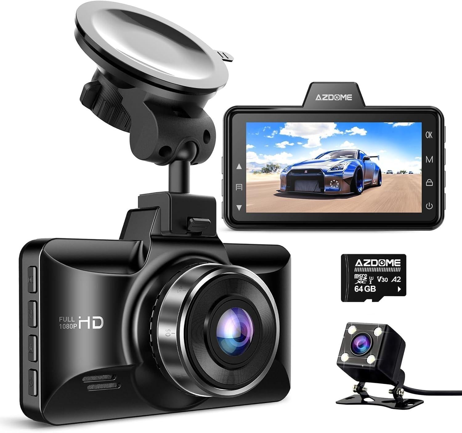 AZDOME Dual Dash Cam Front and Rear, 3 inch 2.5D IPS Screen Free 64GB Card Car Driving Recorder, 1080P FHD Dashboard Camera, Waterproof Backup Camera Night Vision, Park Monitor, G-Sensor