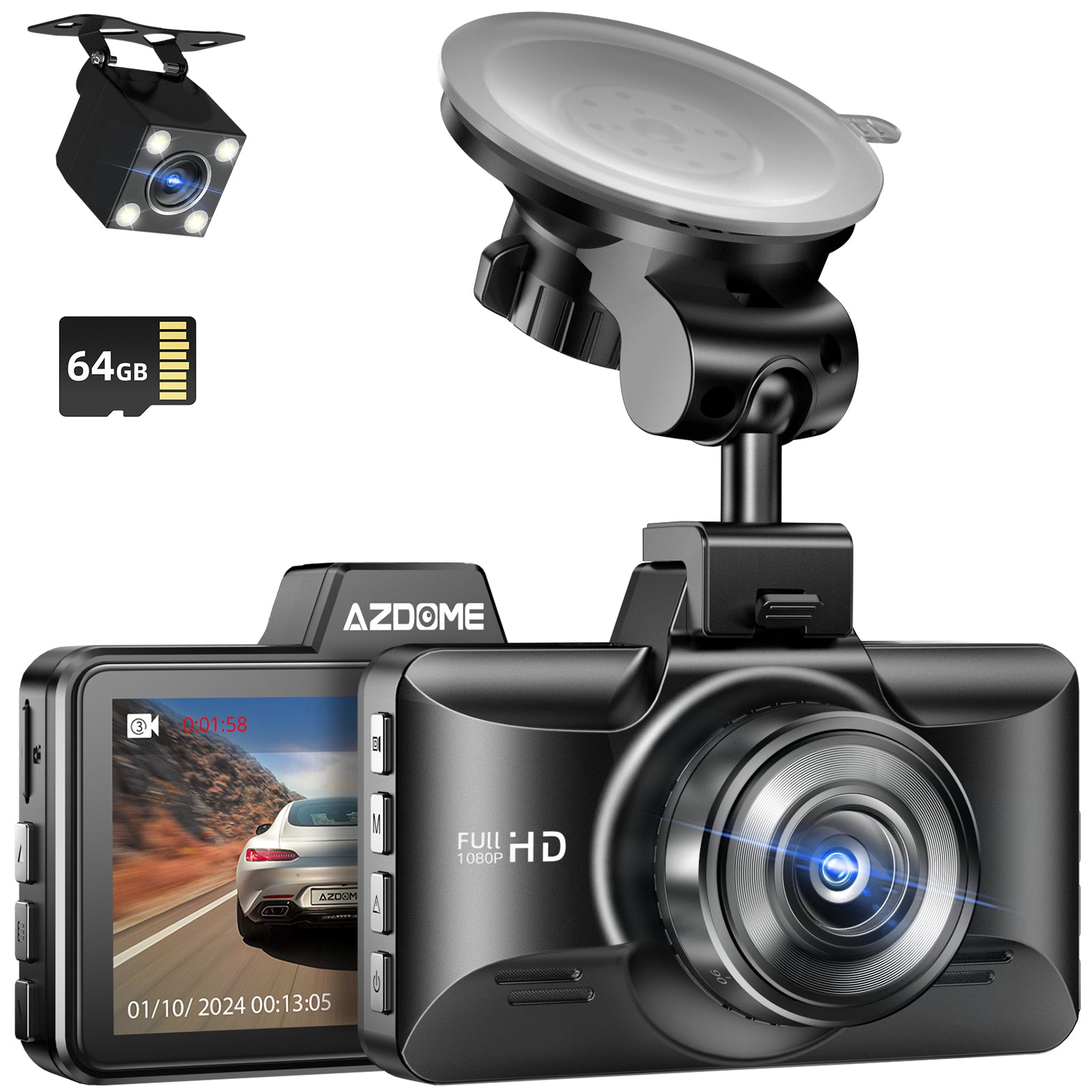 AZDOME M01 Pro 2CH Dash Cam 1080P with ADAS 3" Screen 24H Parking Mode - AZDOME Official Stores