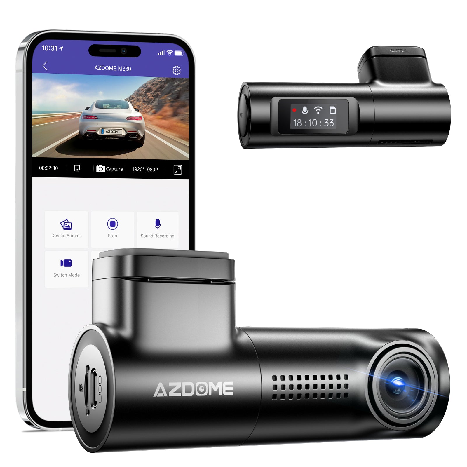 AZDOME M330 1CH Dash Cam 1080P with 0.96" Screen Voice Control 24H Parking Mode No Card