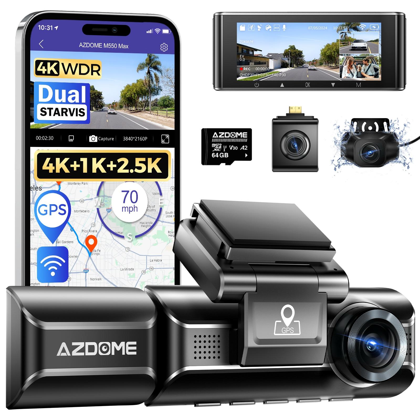 AZDOME M550 Max 3 Channel Dash Cam 4K WiFi , Resolution Supports up to 4k+1080P+2.5k, Built-in GPS 24H Parking Mode IR Night Vision WDR 3.19" IPS, Max to 256GB