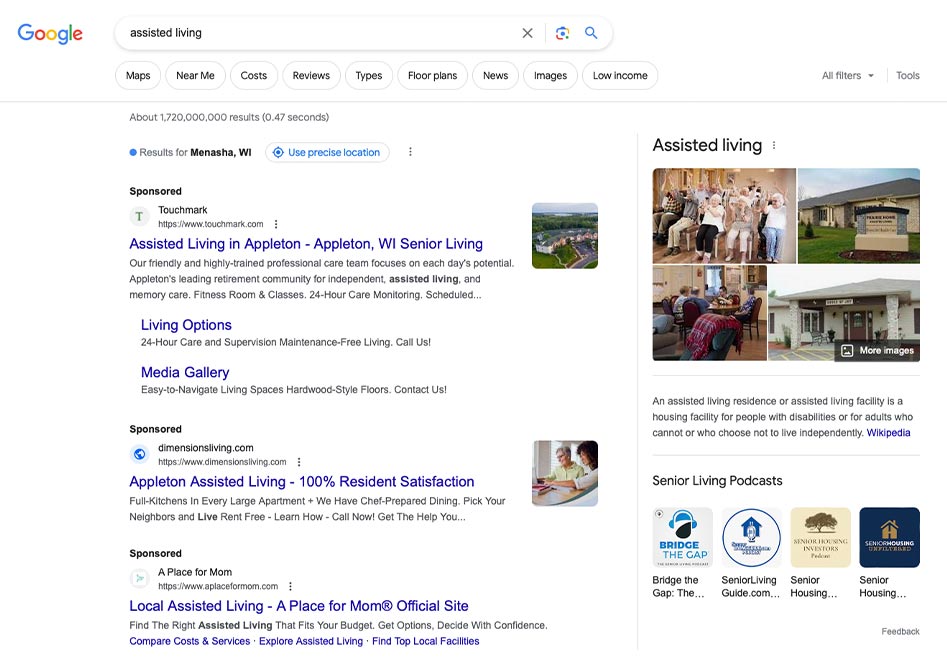 Search Engine Advertising for assisted living homes