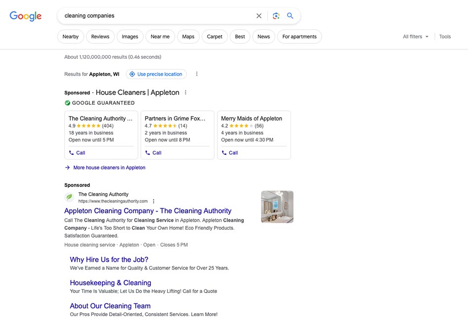 Search Engine Advertising for cleaners