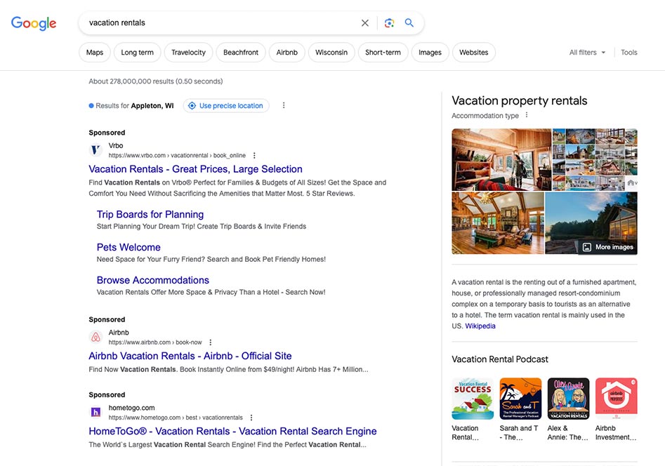 Search Engine Advertising for vacation properties