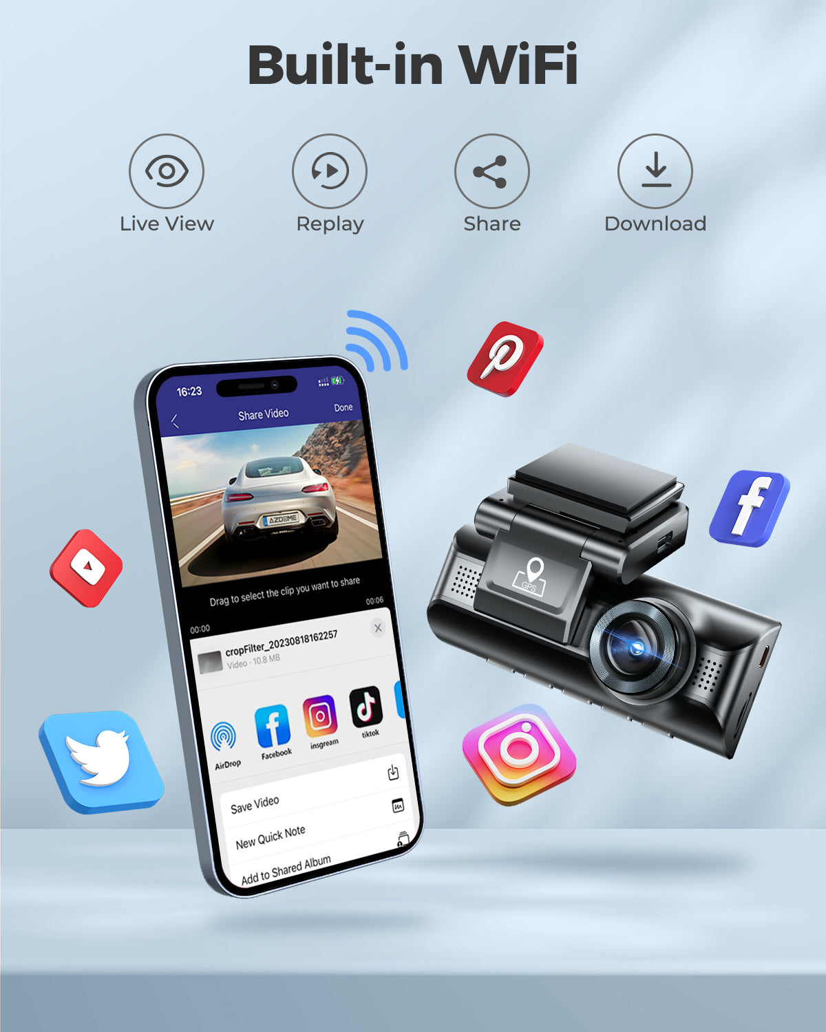 AZDOME M550 3 Channel Dash Cam with 4K WiFi , 2.5K+1080P+2.5K Free 64GB Card, Built-in GPS 24H Parking Mode IR Night Vision WDR 3.19" IPS, Max up Support to 256GB, Easy to Install