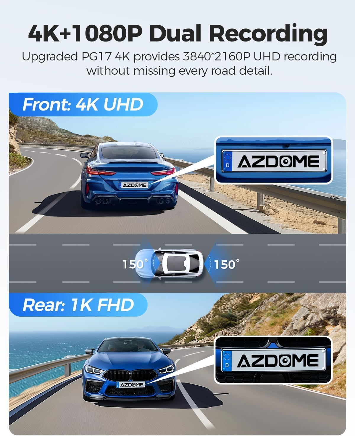 AZDOME PG17 4K 12" Mirror Dash Cam Front and Rear, WiFi Rear View Mirror Camera with 64GB Card, Waterproof 1080P Rear Camera, GPS, Voice Control, WDR Night Vision, Parking Assistant