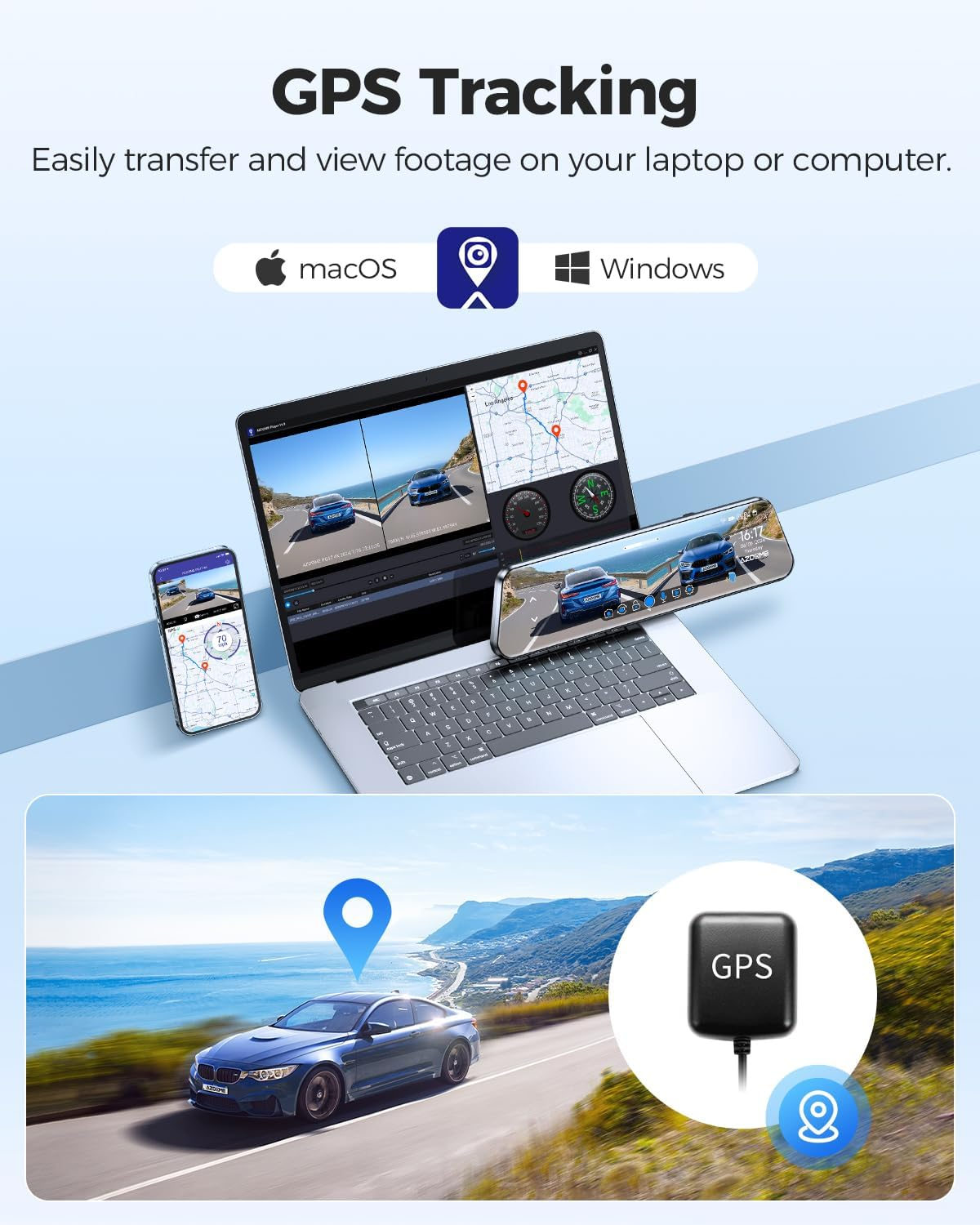 AZDOME PG17 4K 12" Mirror Dash Cam Front and Rear, WiFi Rear View Mirror Camera with 64GB Card, Waterproof 1080P Rear Camera, GPS, Voice Control, WDR Night Vision, Parking Assistant