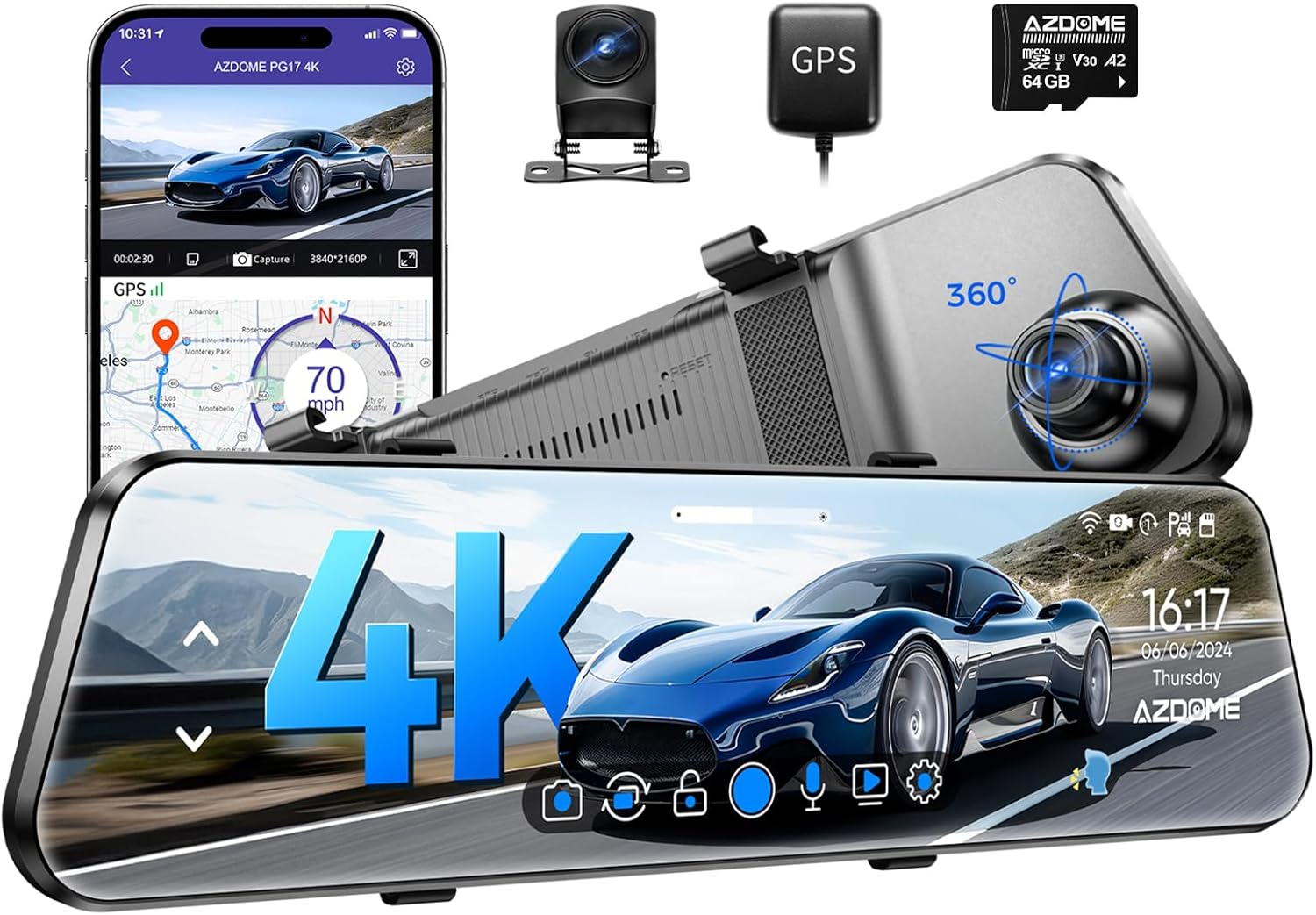 AZDOME PG17 4K 12" Mirror Dash Cam Front and Rear, WiFi Rear View Mirror Camera with 64GB Card, Waterproof 1080P Rear Camera, GPS, Voice Control, WDR Night Vision, Parking Assistant